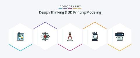 Design Thinking And D Printing Modeling 25 FilledLine icon pack including printing. printer . drawing. sports. games vector