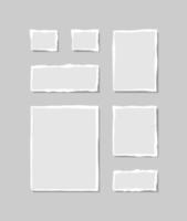 Set of torn white note. Scraps of torn paper of various shapes isolated on gray background. Vector illustration.