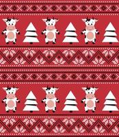 Knitted Christmas and New Year pattern in cows. Wool Knitting Sweater Design. Wallpaper wrapping paper textile print. Eps 10 vector