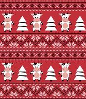 Knitted Christmas and New Year pattern in cows. Wool Knitting Sweater Design. Wallpaper wrapping paper textile print. Eps 10 vector