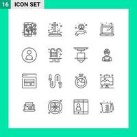 Group of 16 Outlines Signs and Symbols for people human hand laptop computer Editable Vector Design Elements