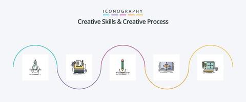 habilidades creativas y la línea de proceso creativo llenaron el paquete de iconos planos 5 que incluye el ojo. conocimiento. papel. dibujar. lapicera vector