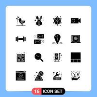 Pack of 16 Modern Solid Glyphs Signs and Symbols for Web Print Media such as dumbbells record face cam design Editable Vector Design Elements