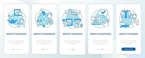 Stages of coming out blue onboarding mobile app screen. Walkthrough 5 steps editable graphic instructions with linear concepts. UI, UX, GUI template vector