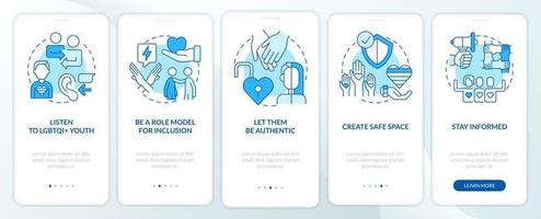 Supporting LGBT youth blue onboarding mobile app screen. Walkthrough 5 steps editable graphic instructions with linear concepts. UI, UX, GUI template vector