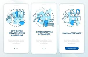 Issues within LGBT couples blue onboarding mobile app screen. Walkthrough 3 steps editable graphic instructions with linear concepts. UI, UX, GUI template vector