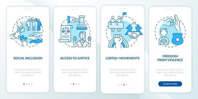 LGBT community programs blue onboarding mobile app screen. Walkthrough 4 steps editable graphic instructions with linear concepts. UI, UX, GUI template vector