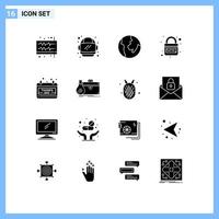 Mobile Interface Solid Glyph Set of 16 Pictograms of day calendar world security internet Editable Vector Design Elements