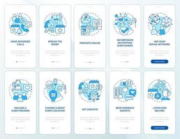 Increasing meeting attendance blue onboarding mobile app screen set vector