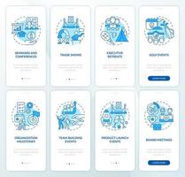 Types of corporate events blue onboarding mobile app screen set vector