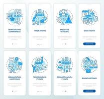 Types of corporate events blue onboarding mobile app screen set vector