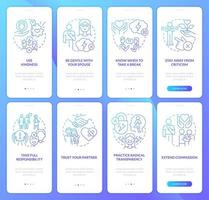 Save relationship and marriage blue gradient onboarding mobile app screen set vector