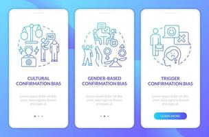 Confirmation bias in recruitment blue gradient onboarding mobile app screen. Walkthrough 3 steps graphic instructions with linear concepts. UI, UX, GUI template. Myriad Pro-Bold, Regular fonts used