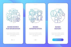 Types of confirmatory bias blue gradient onboarding mobile app screen. Walkthrough 3 steps graphic instructions with linear concepts. UI, UX, GUI template. Myriad Pro-Bold, Regular fonts used vector