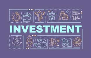 Investment word concepts violet banner. Financing small business. Infographics with editable icons on color background. Isolated typography. Vector illustration with text. Arial-Black font used