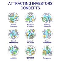 conjunto de iconos de concepto de atracción de inversores. implicar financiación. rasgos de inicio. ilustraciones de color de línea delgada de idea de pequeña empresa. símbolos aislados. trazo editable. roboto-medium, innumerables fuentes pro-bold utilizadas vector