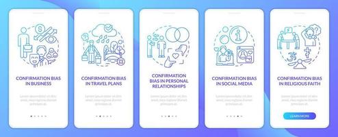 Common confirmation biases blue gradient onboarding mobile app screen. Walkthrough 5 steps graphic instructions with linear concepts. UI, UX, GUI template. Myriad Pro-Bold, Regular fonts used vector