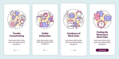 Signs of employee burnout onboarding mobile app screen. Job exhaustion walkthrough 4 steps editable graphic instructions with linear concepts. UI, UX, GUI template vector