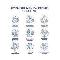 conjunto de iconos de concepto de salud mental de los empleados. resiliencia de los trabajadores. cuidado entorno de trabajo idea ilustraciones en color de línea delgada. símbolos aislados. trazo editable vector