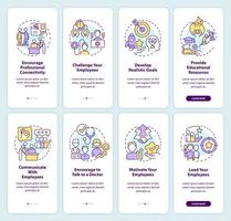 Employee mental health onboarding mobile app screen set. Leadership walkthrough 4 steps editable graphic instructions with linear concepts. UI, UX, GUI template vector