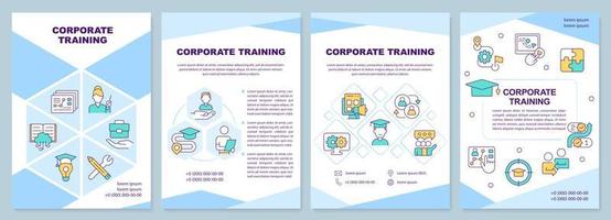 Corporate training blue brochure template. E learning. Leaflet design with linear icons. Editable 4 vector layouts for presentation, annual reports