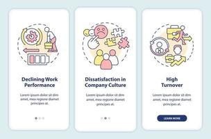 Effects of employee burnout onboarding mobile app screen. Overload walkthrough 3 steps editable graphic instructions with linear concepts. UI, UX, GUI template vector