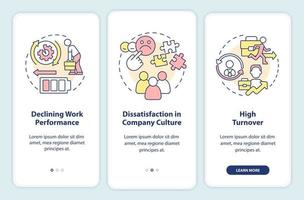 efectos del agotamiento de los empleados al incorporar la pantalla de la aplicación móvil. tutorial de sobrecarga instrucciones gráficas editables de 3 pasos con conceptos lineales. interfaz de usuario, ux, plantilla de interfaz gráfica de usuario vector