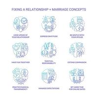 Fixing relationship and marriage blue gradient concept icons set. Healthy communication with partner idea thin line color illustrations. Isolated symbols. Roboto-Medium, Myriad Pro-Bold fonts used vector