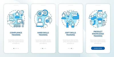 Corporate training for workforce blue onboarding mobile app screen. Walkthrough 4 steps editable graphic instructions with linear concepts. UI, UX, GUI template vector