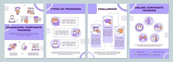 Organizing corporate training purple brochure template. Leaflet design with linear icons. Editable 4 vector layouts for presentation, annual reports