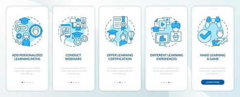 Building online training programs blue onboarding mobile app screen. Walkthrough 5 steps editable graphic instructions with linear concepts. UI, UX, GUI template vector