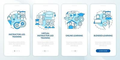 Organize corporate training program blue onboarding mobile app screen. Walkthrough 4 steps editable graphic instructions with linear concepts. UI, UX, GUI template vector