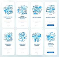 Developing training programs blue onboarding mobile app screen set. Walkthrough 4 steps editable graphic instructions with linear concepts. UI, UX, GUI template vector