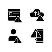 Website access denied black glyph icons set on white space. Cloud data storage issue. Smartphone breakage. Unknown user. Silhouette symbols. Solid pictogram pack. Vector isolated illustration