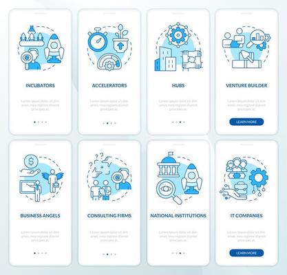 Startup financing options blue onboarding mobile app screen set
