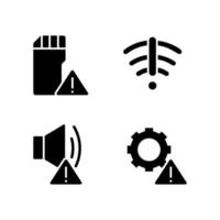 el hardware emite iconos de glifos negros establecidos en espacios en blanco. problema de configuración. avería del dispositivo de sonido. problema de capacidad de almacenamiento. símbolos de silueta. paquete de pictogramas sólidos. ilustración vectorial aislada vector