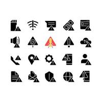 Warning signals black glyph icons set on white space. Problem and issue. Electronic device breakage. Risk prevention. Silhouette symbols. Solid pictogram pack. Vector isolated illustration