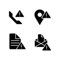 Communication problems black glyph icons set on white space. Document is not sent. Calling error. Messenger issue. Silhouette symbols. Solid pictogram pack. Vector isolated illustration