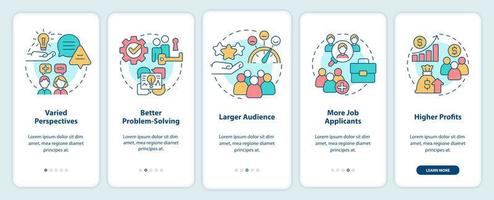 Workplace diversity advantages onboarding mobile app screen vector