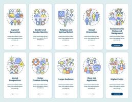 Diversity and inclusion onboarding mobile app screen set vector