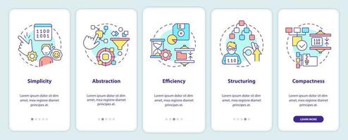 Features of programming languages onboarding mobile app screen vector