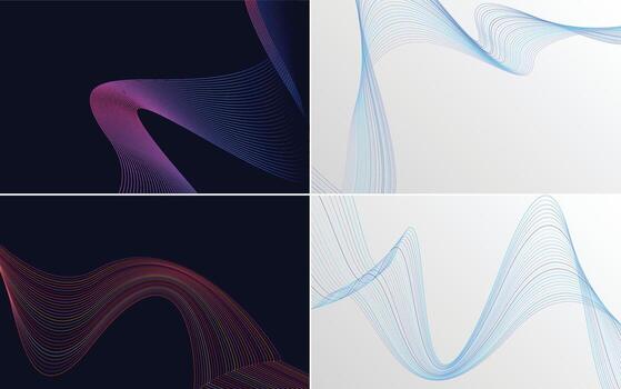 Set of 4 geometric wave pattern background Abstract waving line vector