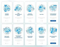 Remote worker mental health blue onboarding mobile app screen set vector