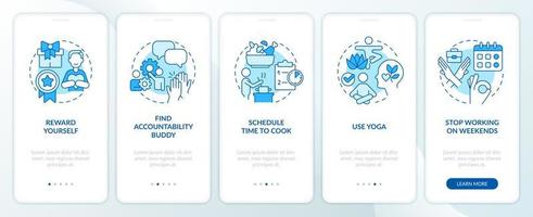 Deal with work burnout blue onboarding mobile app screen vector