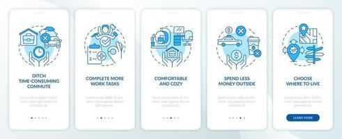 Advantages of working from home blue onboarding mobile app screen vector