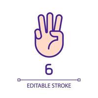 Digit six in American sign language pixel perfect RGB color icon. Visual modality for count. Isolated vector illustration. Simple filled line drawing. Editable stroke. Arial font used