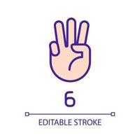 Digit six in American sign language pixel perfect RGB color icon. Visual modality for count. Isolated vector illustration. Simple filled line drawing. Editable stroke. Arial font used