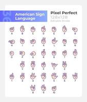 conjunto de iconos de color rgb perfectos de píxeles de lenguaje de señas americano. comunicación. ilustraciones vectoriales aisladas. colección de dibujos de líneas llenas simples. trazo editable. montserrat negrita, fuentes ligeras utilizadas vector
