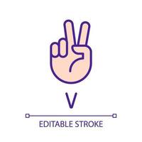 Letter V in ASL system pixel perfect RGB color icon. Sound visualization by gestures. Communication. Isolated vector illustration. Simple filled line drawing. Editable stroke. Arial font used