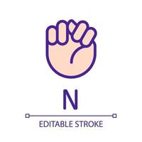 Letter N sign in ASL pixel perfect RGB color icon. Communication system. Visual modality. Isolated vector illustration. Simple filled line drawing. Editable stroke. Arial font used